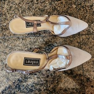 Nos I. Magnin Gray Suede Metal Satin Kid Straps Made in Spain High Heels SZ 9